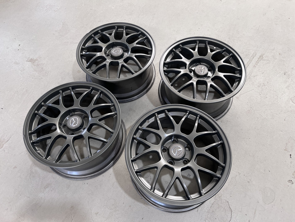 (Used) Mazda RX-7 FD3S OEM BBS Wheels – 17x8 +50 / 17x8.5 +50 5x114.3 (Gunmetal)