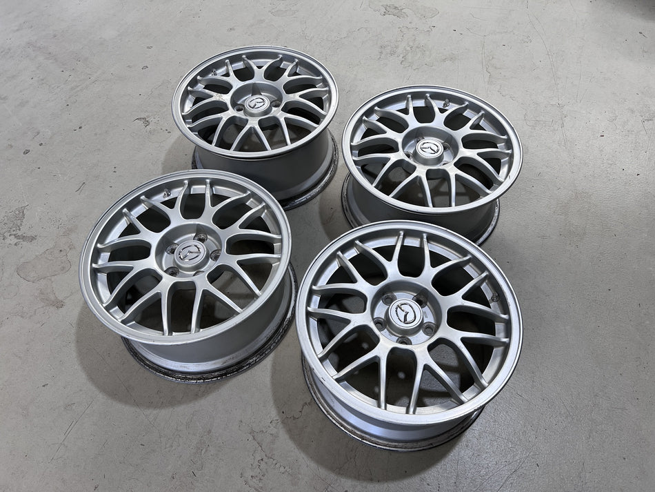 (Used) Mazda RX-7 FD3S OEM BBS Wheels – 17x8 +50 / 17x8.5 +50 5x114.3 (Silver)